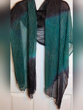 Unbranded Green and Black Sheer Boho Showl Scarf Metallic Pinstripes 32"×84"